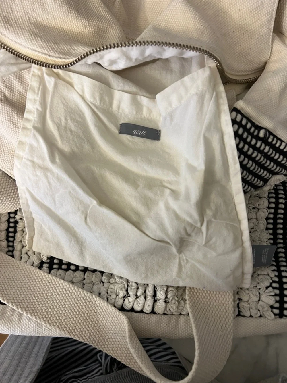 Aerie Cream and Black Woven and Canvas Tote Bag with Geometric Front Panel - Picture 7 of 9